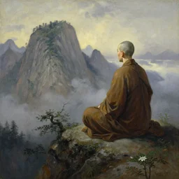 a stunning painting of a zen monk on a mountain overlook by thomas kinkade and john atkinson grimshaw, matte painting, moody palette
