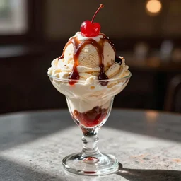digital realistic detailed art ice cream sundae with fudge and cherry on top in a parfait glass