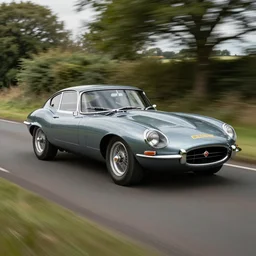 award winning photo of an ultra detailed high quality!! jaguar e - type!! car speeding very fast along an english country road, fast shutter speed, motion blur, tiny gaussian blur, highly detailed, highly intricate, depth of field, trending on top gear, car brochure photo, full car body, wide angle lens