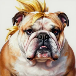 ultra realistic portrait painting of a bulldog as super saiyan goku, art by akira toriyama, 4 k, dragon ball artstyle, cel shaded, highly detailed, epic lighting