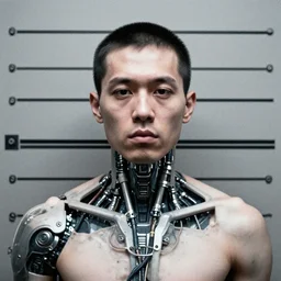 grainy photo, an ugly criminal mugshot, cyborg cyborg cyborg cyborg bionic implant wires metal