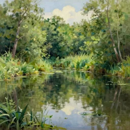 a secluded pond in a verdant wetland, extremely detailed oil painting, unreal 5 render, rhads, sargent and leyendecker, savrasov levitan polenov, bruce pennington, studio ghibli, tim hildebrandt, digital art, landscape painting, octane render, beautiful composition, trending on artstation, award winning photograph, masterpiece