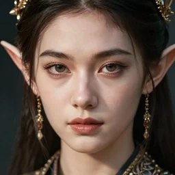 closeup hyper-realistic portrait of beautiful high-fantasy elf girl with an alluring glance, intricate details, rule of thirds, by Stanley Artgerm Lau, by greg rutkowski, by thomas kindkade, by alphonse mucha, loish, by norman rockwell J.