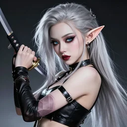 grimes with elf ears, silver hair, beautiful anime warrior, masterpiece by shikinami asuka langley, incredible beauty, charismatic, trending on artstationl, digital art, japanese anime art, incredible detail, pop star grimes, elf ears, katana