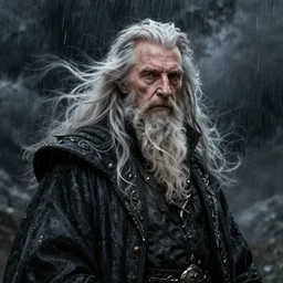portrait patrick stewart as old male warlock, stormy, wind, rain, ghost, long hair, intricate, elegant, highly detailed, digital painting, artstation, concept art, smooth, sharp focus, illustration, daren bader, aleksi briclot, rutkowski, bouguereau