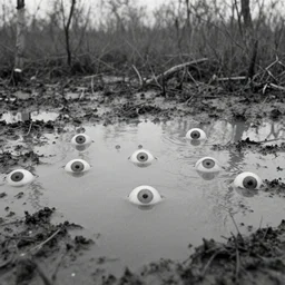 movie still by tarkovsky of multiple eyeballs float over a mud pond, swamp backround, cinestill 8 0 0 t 3 5 mm b & w, heavy grain, high quality, noir, natural textures, photorealistic, ambient occlusion, hd, ultra wide lens, anamorphic