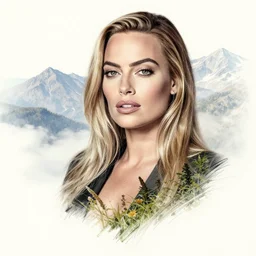 tattoo sketch of margot robbie mash up with amazing mountain scenery and nature, double exposure effect, in the style of arlo dicristina, hyper realism, amazing detail, sharp