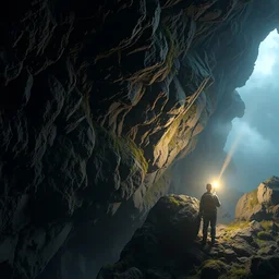a quiet beam of light fell on the molybdenite on the cave wall, which were covered with moss and fungi. an explorer with a headlamp. background fog, super clear details, ultra clear material. 3 d concept art. octane render. cinematic lighting, intricate details.
