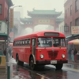 morning market in chinatown, old red bus, foggy rainy day, matte painting, studio ghibli, artstation