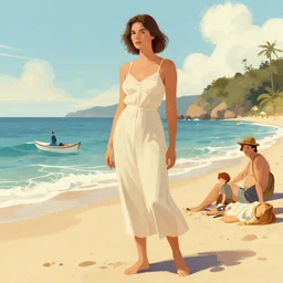 female character at the beach. Renowned character illustration by greg rutkowski, thomas kindkade, alphonse mucha, loish, norman rockwell. Trending on artstation.