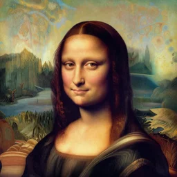tan latina woman, landscape, entering fourth dimension, third eye, prominent rosy cheek bones, black hair and brown eyes, psychedelic da vinci art style,