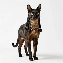 braided-hair bastet cat goddess, studio photography, full body, standing, isolated on a pure white background, centered, whole figure in frame, sharp focus, studio lighting