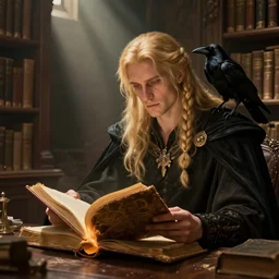 a male warlock with long blonde hair, some of it in braids, with a raven perching on his shoulder. Both of them are reading from an old tome laid open in front of them in an old and dusty library. atmospheric lighting, god rays, by alphonse mucha, D&D trending on artstation, digital art