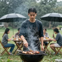 portrait of people doing bbq under heavy rain