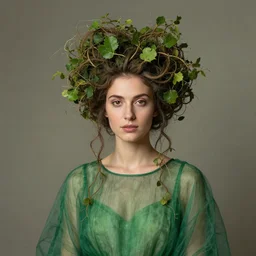 franz szony style : a wonderful realistic closed portrait of woman with a majestic intricate and bizarre intertwined ramifications of leaves hairstyle and a semi transparent green cotton dress - h 7 6 8