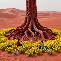 two people in red desert captured by massive intricate mystical roots of in a sea of yellow flowers, surrounded by swirls of prickly flowers, highly detailed, intricate, surreal, painting by William Morris, part by Yoji Shinkawa, part by Norman Rockwell