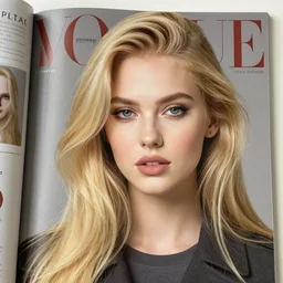 high quality, clayface copys appearance of [ a blond female model in the magazine ]