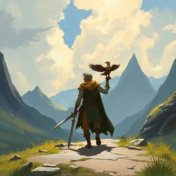 man wanderer on the pass, in a magical land, with sword and faithful bird, fantasy illustration, digital art