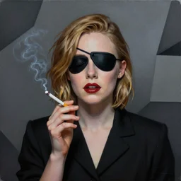 Elle Fanning wearing an eyepatch lighting a cigarette picture by Sachin Teng, asymmetrical, dark vibes, Realistic Painting , Organic painting, Matte Painting, geometric shapes, hard edges, graffiti, street art:2 by Sachin Teng:4