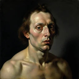 refined dutch golden age vanitasgorgeous blended oil painting with black background by christian rex van minnen rachel ruysch dali todd schorr of a chiaroscuro portrait of an extremely bizarre disturbing mutated man with shiny skin acne dutch golden age vanitas intense chiaroscuro cast shadows obscuring features dramatic lighting perfect composition masterpiece