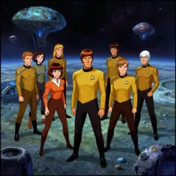 screenshot from 1 9 8 0 s point and click star trek game showing a group of characters in start trek uniforms on an alien planet