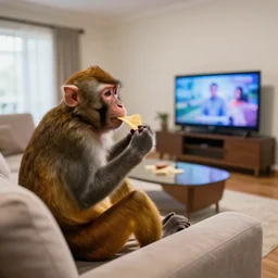 a monkey sitting on a sofa, eating chips and watching TV, side view, wide angle lens, professional photo