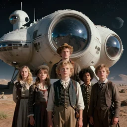 sharp, highly detailed, from a 2 0 1 9 sci fi 8 k movie, set in 1 8 5 0, a family standing in front of their spaceship that has just landed on an alien planet, wearing 1 8 5 0 s clothes, cinematic lighting, in focus, reflective eyes, 3 5 mm macro lens, live action, nice composition
