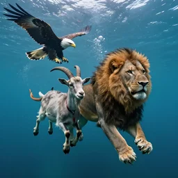 a lion, goat, eagle hybrid swimming underwater, national geographic film, cinematic 4 k