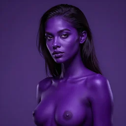 purple light, violet skinned Nathalie emmanuel. Smooth violet skin. Dark violet skin. Photorealistic digital art trending on artstation, artgem, 4k HD