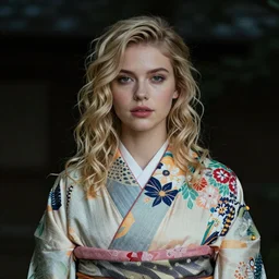 stunning, breathtaking, awe - inspiring award - winning portrait of an attractive young white woman with wavy blonde hair, wearing a colorful yukata, extremely moody lighting, intricate, 8 k, taken with a lens