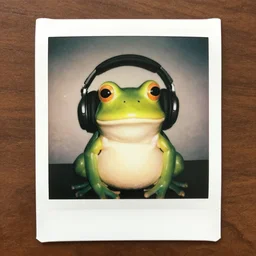 a polaroid photo of a frog wearing headphones