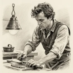 film still of charlie day, working as blacksmith, pencil drawing, realistic detailed face