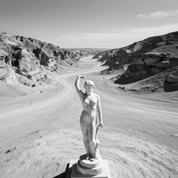 a vast desert valley in the style of ansel adams with a marble statue of an ideal human in the middle of the foreground, black and white photography, raytracing, 8 k, octane render, volumetric, vivid, beautiful, hyperrealism