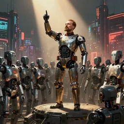 !!! robot revolutionary!!!! speaking to a crowd of robots amid the backdrop of a cyberpunk city in the socialist realist style of lenin speaking to the red army by isaac brodsky