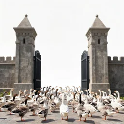 gargantuan flock of geese guarding the gates of hell, art by gustave dore, hieronimus bosch