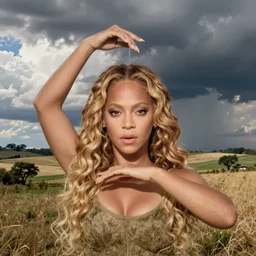 portrait of Beyonce practicing wild magic, countryside, calm, fantasy character portrait, dynamic pose, above view, sunny day, thunder clouds in the sky, artwork by Jeremy Lipkin and Giuseppe Dangelico Pino and Michael Garmash and Rob Rey, very coherent asymmetrical artwork, sharp edges, perfect face, simple form, 100mm