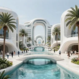 futuristic utopian paradise, canals, bridges, white marble buildings, tropical, palm trees, crowds of people, by leon tukker, zaha hadid, photography, cinematic lighting, raytracing, global illumination, octane render, artstation
