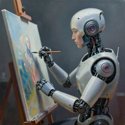 a very beautiful and very detailed painting of a robot artist painting on a canvas, cyberpunk digital art, dystopian style