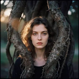 An vintage analog head and shoulder frontal face portrait photography of a woman surrounded by various multiple giant oversized thorn roots vines by Maxim Nikolaev. Kodak Portra 800 film. shallow depth of field. (Depth of field). whirl bokeh!!. Golden hour. detailed. hq. realistic. warm light. muted colors. dark Mood. Filmic. Dreamy. lens flare. Mamiya 7ii, f/1.2, symmetrical balance, in-frame