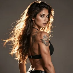 muscular girl, long hair, tattooed back, HD, anime style,