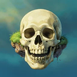 an island floating in the air in the shape of a skull, island with exposed rocks, some vegetation, highly detailed, animated, lovely, dreamy, morandi colour scheme, strong light and shadow atmosphere, painted by Ghibli