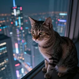 “ a cat looking down on a futuristic city, ghostpunk, very detailed, trending on artstation ”