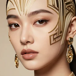 close up of face of female fashion model, art - deco style, beige colors, official versace editorial, highly detailed
