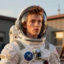medium - shot low - angle outside studio, golden hour, pale young david bowie!! in a space suit with open helmet, face visible, nasa, by warhol,