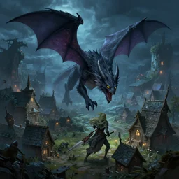 wyvern attacking village at night, fantasy art, artstation, mystical, dreamy, concept art, 4 k, realistic