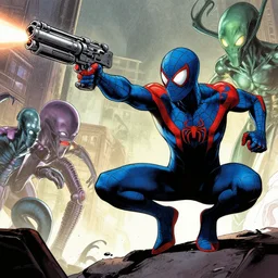 blue spiderman with a machine gun fighting aliens