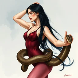 a dancer girl win long black hair, in burgundy bodysuit entwined with a python snake. highly detailed digital painting, watercolor, soviet realism, engraving, artstation, concept art, sharp focus, manga, illustration, unreal engine 5, 8 k, art by bilibin, kilian eng, kuvshinov, malevich, mucha
