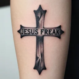 tattoo design of a tribal cross with the words jesus freak printed