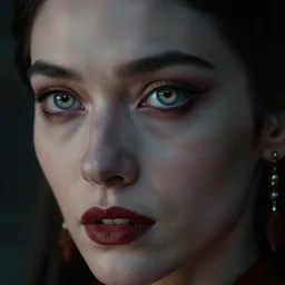 cinematic shot of a woman becoming a vampire, hyper realistic, mood lighting, fantasy, detailed pupils, highly detailed, super realistic, perfect lighting pixel sorting