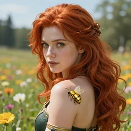 An epic fantasy comic book style portrait painting of a young red headed girl with a tiny bright golden bee engraved on her exposed shoulder in a field of flowers , unreal 5, DAZ, hyperrealistic, octane render, cosplay, RPG portrait, dynamic lighting